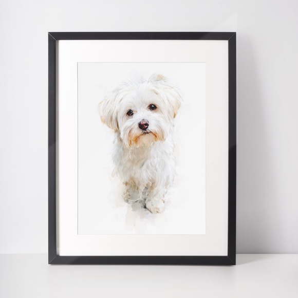 Watercolor White Maltese Dog Portrait Wall Art Print Poster, Unframed - Picture 3 of 6